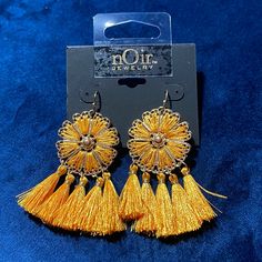 Beautiful Gold Dangle Earrings By Noir Fire Earrings, Hamsa Earrings, Dazzling Earrings, Multicolor Earrings, Gold Dangle Earrings, Blue Tassel, Tassel Jewelry, Bow Earrings, Crystal Stud Earrings