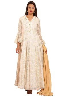 Chantelle Net Abaya Style Kameez in Off White. This Readymade attire with Cotton Lining is Enhanced with Fabric Buttons and is Carved in Collar Neck and Bell Sleeve. Available with a Lycra Leggings in Off White and a Faux Chiffon Dupatta in Beige. For sizes 46 to 66, a Churidar will be available instead of the leggings. The Kameez and Bottom Lengths are 60 and 45 inches respectively. Do note: Accessories shown in the image are for presentation purposes only and length may vary upto 2 inches.(Sli Party Wear Dresses Indian, Indian Party Wear Dresses, Pakistani Sharara, Wedding Outfits Indian, Different Sleeves Style, Latest Salwar Kameez, Indian Wedding Outfit, Lycra Leggings, Abaya Style