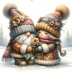 two gnomes are hugging in the snow