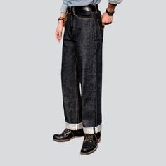 Introducing the 2023 Autumn Collection's Straight Medium-Rise Self-Edge Jeans for men, an ultra-couture selvedge vibe upgrade to your timeless denim look! Crafted with tall quality 15oz denim, this piece offers a leisurely mid-rise fit, self-edge hemline, and a buttoned closure that promises to elevate any look with the perfect amount of attitude.Why You'll Love it: Raw & Refined: The perfect combination of raw and refined, this piece is textured to be both timeless and trendsetting. Mid-Waist C Urban Dark Wash Selvedge Jeans, Selvedge Denim Blue Jeans For Streetwear, Selvedge Dark Wash Pants For Streetwear, Urban Selvedge Jeans With Straight Hem, Classic Jeans With Contrast Stitching, Classic Wide Leg Selvedge Pants, Classic Selvedge Wide Leg Pants, Dark Wash Selvedge Jeans With Straight Hem, Rigid Denim Jeans With Contrast Stitching, Standard Cut