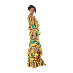 Dress to impress with this luxurious Kente Print Elastic 2-Piece Skirt Set. This regal skirt set has an off-shoulder peplum top with flared short sleeves, an elastic bodice, and a mermaid-style skirt. Great for special events, this vivid set is perfect for the fashionista who loves African print and wants to stand out in the crowd. It's comfortable, bold, and perfect for showcasing African fashion at a formal affair. Celebrate special occasions in dramatic African style with this elastic Kente p Summer Sets With Ruffle Hem And Fitted Design, Summer Sets With Fitted Ruffle Hem, Summer Party Peplum Set, Fitted Yellow Dress With Tiered Skirt, Fitted Multicolor Sets With Tiered Skirt, Ankara Mermaid Skirt, Off Shoulder Peplum Top, African Print Mermaid Skirt, 2 Piece Skirt Set