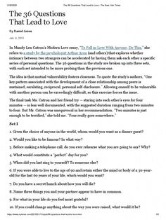 The 36 Questions That Lead to Love - The New York Times - Free download as PDF File (.pdf), Text File (.txt) or read online for free. The 36 Questions That Lead to Love by The New York Times 36 Questions, Love Essay, Chest Congestion, Personal Questions, Modern Love, Read Online For Free, The New York Times