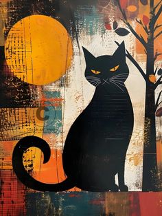 a painting of a black cat sitting in front of a tree with yellow and orange lights