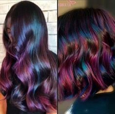 Fun Darker Hair Colors, Dark Brown Hair With Fun Highlights, Rainbow Highlights Black Hair, Dark Brown Hair With Fun Colors, Multi Color Balayage, Oil Slick Hair Color Brunettes Peekaboo, Funky Hair Color Ideas For Brunettes, Colorful Hair Ideas For Brunettes, Winter Vivid Hair Color