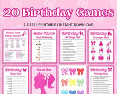 printable birthday games for girls with pink background and bows on the front, two sizes available