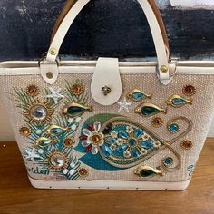 Excellent Condition - All Jewels Intact Vintage Blue Bag With Gold-tone Hardware, Blue Vintage Bag With Gold-tone Hardware, Enid Collins, Mid Century Fashion, Bags Vintage, Embroidered Bag, Blue Green, Color Blue, Vanity