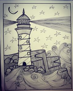 a drawing of a lighthouse with stars in the sky