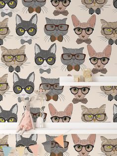 the wallpaper is decorated with cats wearing glasses