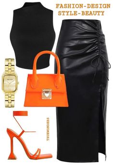 High Neck Outfits Women, Orange And Black Outfits For Women, Black Dress Outfit Black Women, Orange And Black Outfit, Polyvore Outfits Fall, Fashion Style Outfits, Outfit Elegantes, Elegante Casual, High Neck Sleeveless