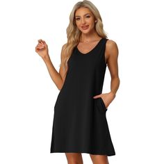 This soft fabric and breathable lounge dress for women is constructed of 65% Cotton and 35% Polyester fabric, comfy, moisture-wicking, breathable, and skin friendly. Featuring a v-neck, two side pockets, and a sleeveless design, makes you feel cozy all night, and enjoy a comfortable sleep and sweet dream. Great for loungewear, nightwear, sleepwear, home bedroom, and daily wear. No matter the cozy bedtime, casual home relaxation, laze afternoon, or comfy bath, the soft and lightweight nightdress Black V-neck Sleepwear For Relaxation, Comfortable Black Sleepwear For Spring, Solid Color Summer Nightgown For Relaxation, Comfortable Sleeveless Sleepwear For Vacation, Summer V-neck Nightgown For Lounging, Casual Sleeveless Sleepwear For Lounging, Sleeveless Solid Color Summer Sleepwear, Solid V-neck Sleepwear For Summer, Casual Black Summer Nightgown