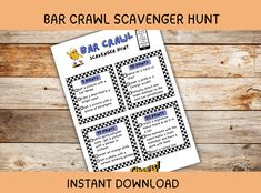 the bar crawl scavenger hunt is shown on a wooden background