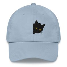 "Embroidered Black Cat Hat, Cute Halloween Cap, Gift for Cat Mom, Cat Dad Baseball Hat, Peeking Cat Cap, Dad Hat Dad hats aren't just for dads. This one's got a low profile with an adjustable strap and curved visor.  This cute peeking cat hat is perfect for all of you cat moms and dads out there and makes a special gift.  * 100% chino cotton twill * Unstructured, 6-panel, low-profile * 6 embroidered eyelets * 3 ⅛\" (7.6 cm) crown * Adjustable strap with antique buckle" Black Cat Ears Hat With Cat Design, Black Hat With Cat Ears And Cat Design, Black Cat Design Hat With Cat Ears, Adjustable Black Hat With Cat Design, Cat Design Hats With Cat Ears, One Size, One Size Cat Ears Hat With Cat Design, One Size Cat Ear Hats With Cat Design, Peeking Cat, Mom Cat