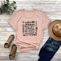 Travel Word Collage Shirt, Traveler Gift, Travel Tee, Vacation Tee, Explore the World Shirt, Globetrotter Tee, Vacay Mode Shirt, Holiday Tee NOTE: We use black design for White, Light Grey Heather( Athletic Heather), Pink, Heather Peach, Mint Green, Burnt Orange colors. For other colors we will use white design. Hello! First of all thank you for being here and checking out our finest t-shirt designs. As Mudo Boutique, we dedicated ourselves to provide the best possible service for our valuable c Word Collage, Travel Words, Vacay Mode, Travel Tees, Burnt Orange Color, Explore The World, Globe Trotter, White Design, Shirt Ideas