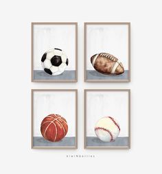 four framed pictures with three different types of sports balls on the bottom, one is white and