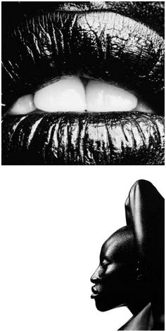 two different images of the same woman's face and lips, one is black and white