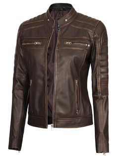 The vintage cafe racer jacket for women is designed to let you blend in style. 100% Real leather with four zip pockets and additional inside pockets, it’s unique and classic, yet sleek and retro. Specification: 100% Real Lambskin Leather. The style for all seasons. Internal full lined with skin-friendly soft polyester. Decorative seam and shoulder details. Erect collar with smooth zip YKK closure. Four exterior pockets and two inside pockets. One extra inside pocket for a cell phone. Available i Leather Motorcycle Jacket Women, Cafe Racer Leather Jacket, Brown Cafe, Motorcycle Jacket Women, Motorcycle Leather Jacket, Womens Moto Jacket, Cafe Racer Style, Womens Black Leather Jacket, Cafe Racer Jacket