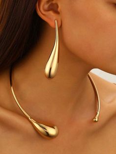 3pcs/Set Fashion Minimalist Metal Texture Water Drop Earrings, Open Collar Necklace Punk Style Statement Jewelry Set For Women, Suitable For Daily Wear, Party & Events Silver,Yellow Gold,Golden 2404018802+03,Silver 2404018805+06    Zinc Alloy     Women Fashion Jewelry, size features are:Bust: ,Length: ,Sleeve Length: Italian Gold Jewelry, Jewelry Board, Gold Collar, Women's Jewelry Sets, Estilo Punk, Watches Women Fashion, Punk Style, Gold Jewelry Fashion, Silver Bangles