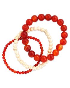 Indulge in the luxurious elegance of our Red Agate & Cream Howlite Stretch Bracelet Set of 3. This set includes two beautifully crafted red agate beaded bracelets in different sizes, paired with a stunning cream howlite beaded bracelet. Add a touch of sophistication to any outfit with this exclusive set. Materials: Genuine Stone, Elastic Cord Features: Measures 7" length, 4/6/10mm genuine stone beads, Stretch bracelet - one size fits most Elegant Red Carnelian Beaded Bracelets, Elegant Red Agate Beaded Bracelets, Adjustable Red Agate Beaded Bracelet, Adjustable Red Agate Beaded Bracelets, Red Agate Adjustable Beaded Bracelets, Elegant Red Coral Beaded Bracelets With Adjustable Fit, Elegant Adjustable Red Coral Bracelet, Elegant Red Coral Adjustable Bracelet, Red Agate Bracelets With Gemstone Beads