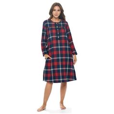 Snuggle up in this Ashford & Brooks Elegant Long Sleeve Vintage Classic Flannel Long Button-Down Nightgown Sleep Dress for Women is made from durable ultra-soft 55% Cotton /45% Polyester fabric, designed with a roomy relaxed fit making it very easy to put on and take off. The flannel Modest Night dress features; Classic Plaids patterns, pullover Sleep Shirt with easy 5 button-down closure, Long Sleeves with cuffs to keep you warm, a Round Neckline with Fancy Lace trim details, large side seam ha Plaids Patterns, Nightgown Sleep, Long Sleeve Nightgown, Sleep Gown, Hospital Gown, Pleat Top, Flannel Women, Sleep Dress, Sleep Shirt