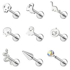 the different types of piercings are shown in various styles and colors, including silver