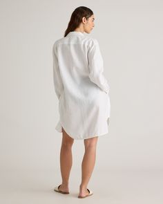 An easy, timeless classic. This shirt dress should be a staple in any wardrobe. Made from 100% European linen and designed to be versatile, with elegant buttons down the front, and two pockets at the waist.  | Quince | Women's 100% European Linen Shirt Dress in White, Size Large, Organic Linen Elegant Shirt Dress With Roll-up Sleeves For Daywear, Elegant Long Sleeve Shirt Dress With Pockets, Classic Collared Shirt Dress With Button Cuffs, Classic Shirt Dress With Rolled Sleeves For Daywear, Chic Linen Button-up Dress, Classic Linen Summer Dress For Daywear, Classic Linen Dress For Summer Daywear, Classic Summer Linen Day Dress, Classic Summer Daywear Linen Dress