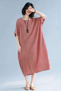 chic Striped Women Summer Long Dresses Loose Women Dress Q2047 Summer Long Dresses, Striped Linen Dress, Loose Midi Dress, Loose Dresses, Dress Sleeve Length, Summer Linen Dresses, Cotton Linen Dresses, Muslimah Fashion Outfits, Mode Casual