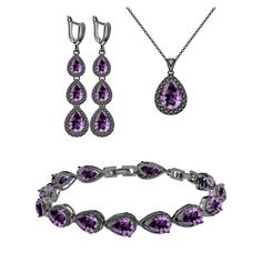 PRICES MAY VARY. ❤What You Get: ❤ 1 gift package includes 1 piece bracelet, 1 pair dangle earring and 1 piece of pendant necklace, 1 Adjustable ring (You can adjust the ring size by yourself, no need to measure),1 complete jewelry set for your matching needs, suitable for most women. ❤High Quality Material:❤ This Women's Jewellery Set is made of black gun gold plated,Main stone is created purple teardrop amethyst,Side stone is white cubic zirconia. High Polished. Nickel-free, Hypoallergenic and Elegant Jewelry For Mother's Day Party, Mother's Day Formal Cubic Zirconia Jewelry Sets, Black Amethyst Jewelry For Formal Occasions, Formal Crystal Jewelry For Mother's Day, Elegant Purple Bracelets For Party, Elegant Adjustable Jewelry Sets For Valentine's Day, Mother's Day Party Crystal Jewelry, Purple Bracelet Jewelry For Party, Formal Valentine's Day Bracelet Jewelry