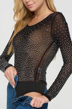 DetailsA long sleeve rhinestone bodysuit featuring sheer mesh and a round neckline Sheer Bodysuit For Night Out In Fall, Fall Bodysuit With Sheer Sleeves For Night Out, Black Long Sleeve Sheer Bodysuit, Trendy Long Sleeve Bodysuit For Evening, Trendy Long Sleeve Bodysuit For Evenings, Night Out Long Sleeve Bodysuit With Mesh Sleeves, Sheer Long Sleeve Bodysuit For Night Out, Glamorous Long Sleeve Bodysuit For Spring, Black Sheer Long Sleeve Bodysuit