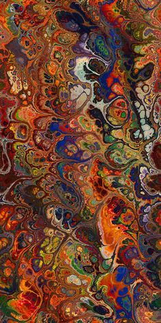 an abstract painting with different colors and patterns on it's surface, including red, orange