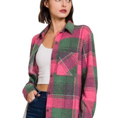 Green And Pink Super Soft Shacket Casual Pink Outerwear For Fall, Pink Fall Top With Pockets, Fall Pink Tops With Pockets, Pink Tops With Pockets For Fall, Casual Pink Collared Outerwear, Pink Button-up Top For Fall, Trendy Pink Button-up Outerwear, Pink Shacket, Green And Pink