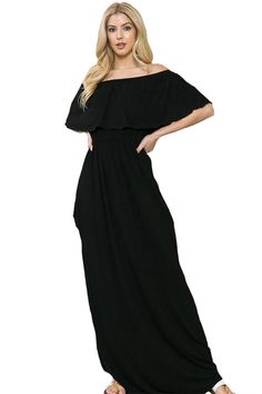 This versatile Off Shoulder Maxi Dress from Iconic Luxe will be a perfect statement piece for any occasion. Sophisticated, elegant and comfortable, this dress features a concealed side pockets and elastic off shoulder ruffle detail. It is sure to be a hit for the warmer months and is easy to dress up. 95% Rayon, 5% Spandex Made in the USA Pull On closure Features: ruffled off-shoulder detail, elastic waist, concealed side pockets, maxi length Suit for: work, street wear, daily wear, date night, movie night, Sunday brunch, farmers market, vacation, traveling, beach, special occasions, barbeque party, wedding, baby shower, bridal shower Season: spring, summer, fall Model is 5’8” and wearing size Small. Hand wash cold. Do not bleach. Hang to dry.