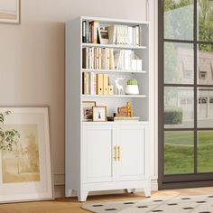 a white bookcase with many books on it next to a window and rug in the room