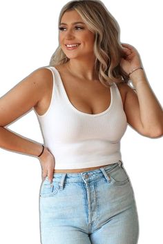 White Crop Tank, Cute Skirt, Ribbed Tank, White Crop, Cute Skirts, V Neckline, Casual Look, Crop Tank, Stretchy Material