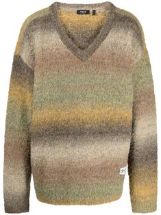 olive green/multicolour knitted construction bouclé construction ombré effect logo patch to the front V-neck drop shoulder long sleeves ribbed cuffs and hem Boucle Knitwear, Ombré Sweater, Ombre Sweater, Ombre Effect, Knitwear Men, Drop Shoulder, Patch Logo, Olive Green, Knitted Sweaters