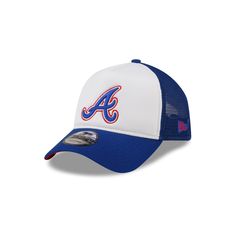 the new era atlanta braves white and blue trucker hat is available in sizes ranging from small to large