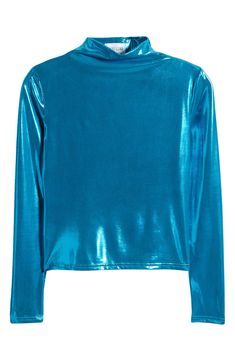 This mock-neck top is designed in a liquid metallic sheen for an elevated night-out vibe. Mock neck Long sleeves 95% polyester, 5% spandex Machine wash, line dry Made in the USA Spring Shiny Stretch Tops, Solid Color High Neck Party Top, Sleek Party Tops With Sheen Detail, Sleek Party Tops With Sheen, Sleek Party Top With Sheen, Sleek Sheen Party Top, Shiny Stretch Disco Tops, Stretchy Shiny Disco Tops, Spring Party Turtleneck Mock Neck Top