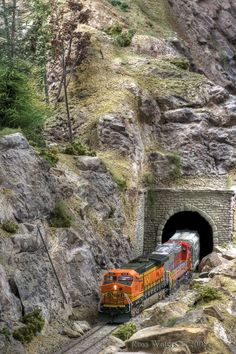 an orange train traveling through a tunnel on the side of a rocky mountain slope with trees