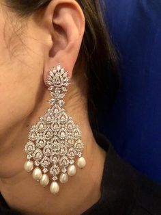 Long Pearl Diamond Chandelier Earrings, Cocktail Earrings. Best wear with your indo western. Looking for something for the evenings, this is the best buy !! White Chandbali Chandelier Earrings For Formal Events, Formal White Chandbali Chandelier Earrings, White Chandbali Chandelier Earrings For Formal Occasions, Pearl Drop Chandelier Earrings For Celebration, Formal White Danglers, Teardrop Pearl Drop Chandelier Earrings For Celebration, Teardrop Chandelier Earrings For Celebrations, Celebration Teardrop Chandelier Earrings, Pearl Earrings Diamond