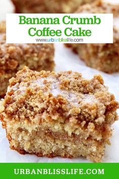 banana crumb coffee cake is cut in half and stacked on top of each other