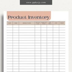 a printable product inventory sheet with the words product inventory written in black on it