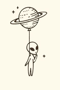 an alien is hanging from a string with the saturn in the sky above it and stars around