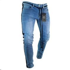 Wear-and-tear and scratches are the main feature of these stone washed stretch denim 5 pocket pants. The sporty inspiration is highlighted by the side featuring the stright lines. A stripe with the brand’s lettering is printed on the left leg and ribbed fabric inserts are sewn on the knees. Cotton ribbed waistband with drawstring. A leather badge with the brand's hexagonal logo on the right rear pocket. Cotton ribbed bottom cuffs. Two needle stitching. Fit: Slim fit.[custom tab] FABRIC #1: 99% C