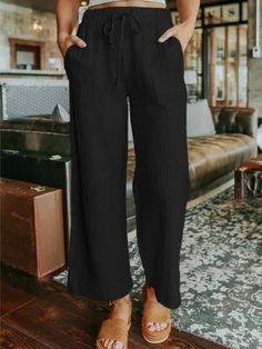 Women's Pants Elastic Waist Lace-Up Patch Pockets Wide Leg Pants - Pants - Instastyled | Online Fashion Free Shipping Clothing Tie Waist Pants, Solid Color Pants, Pantalon Large, Type Of Pants, Laid Back Style, Casual Sets, Women's Wardrobe, White Pants, Straight Pants