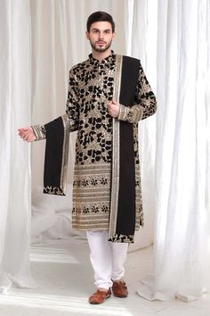 Black straight kurta with all over sequin, jaal embroidery. Paired with a churidar and dupatta. - Aza Fashions Festive Black Semi-stitched Bandhgala, Black Embroidered Fabric For Designer Wear During Eid, Bollywood Style Kurta With Dabka Work On Brocade, Festive Chanderi Sherwani With Dupatta, Semi-stitched Brocade Kurta With Dabka Work, Embroidered Art Silk Black Salwar Kameez, Black Embroidered Fabric For Designer Wear, Festive Black Art Silk Embroidered Fabric, Festive Black Embroidered Art Silk Fabric