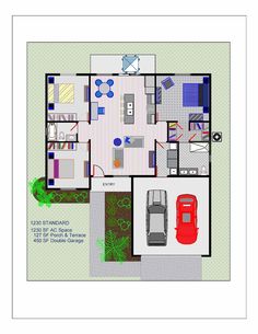 the floor plan for a house with two cars parked in front of it and an overhead garage