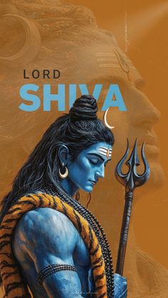 lord shiva holding a staff with the moon in his hand and an orange background