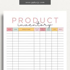 a printable product inventory sheet with the words product inventory written in pink and yellow