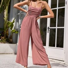 Shein Simplee Ruched Front Zip Back Jumpsuit Size: Medium Condition: Brand New, Never Worn, Without Tags! Color: Dusty Pink Measurements: Length: 55", Bust: 33.9", Waist: 29.9", Hip: 46.5" Style: Boho Pattern Type: Plain Details: Pocket Type: Cami Neckline: Spaghetti Strap Sleeve Length: Sleeveless Waist Line: High Waist Length: Long Fit Type: Regular Fit Fabric: Non-Stretch Material: Polyester Composition: 97% Polyester, 3% Elastane Care Instructions: Machine Wash Or Professional Dry (Please Ex Summer Solid Ruched Jumpsuits And Rompers, Sleeveless Solid Ruched Jumpsuits And Rompers, Solid Ruched Jumpsuits And Rompers For Summer, Wedding Party Outfits, Shein Pants, Shein Outfits, Boho Patterns, Party Outfits, Style Boho