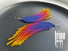 Earrings / Beaded earrings / Blue tassel earrings / Orange gradient earrings / Yellow dangle earrings / Vibrant pink chandelier earrings Rainbow Tassel Earrings For Gifts, Rainbow Tassel Dangle Earrings, Rainbow Dangle Tassel Earrings, Rainbow Dangle Tassel Jewelry, Pink Chandelier Earrings, Blue Tassel Earrings, Pink Chandelier, Blue Beaded Earrings, Orange Gradient