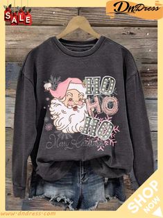 Pink Santa Ho Ho Ho Merry Christmas Print Sweatshirt Christmas Letter Print Loungewear Tops, Christmas Letter Print Tops For Loungewear, Casual Christmas Sweatshirt With Letter Print, Casual Holiday Sweatshirt With Graphic Print, Casual Graphic Print Sweatshirt For Holiday, Casual Graphic Print Holiday Sweatshirt, Santa Ho Ho Ho, Pink Santa, Linen Shirt Men